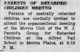 A newspaper clipping from the September 12, 1952 edition of The Chatham Press which reads: "Parents of retarded children meeting. Parents of mentally retarded children are cordially invited to attend the organizational meeting of the Morris Unity of the N.J. Parent's Group for Retarded Children at the Alfred Vail School in Morris Plains, at 8:15 P. M."