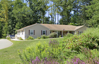 Exterior view of Lake Parsippany Group Home with a driveway to the left, surrounded by green trees and green and purple wild flowers in the foreground.